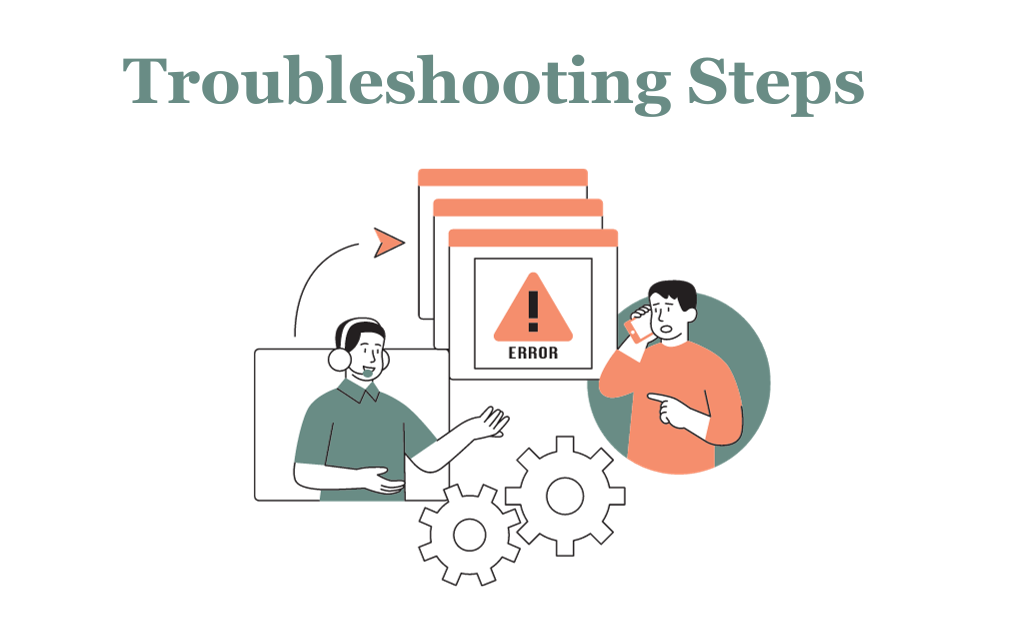 A graphic illustrating a series of steps for troubleshooting, featuring tools and magnifying glass icons to symbolize problem-solving