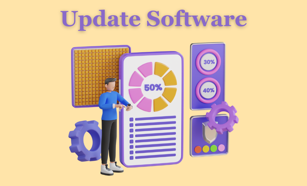 Image with the title 'Software Updates' displayed on a computer screen. It represents the concept of keeping software current for improved functionality.