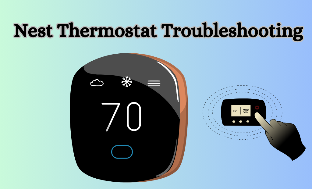 Image featuring a Nest Thermostat with a troubleshooting graphic overlay, highlighting common problems and solutions. A guide to resolving issues and optimizing your thermostat's functionality